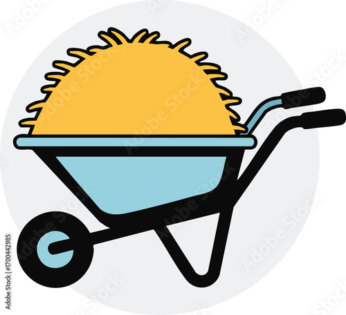 Illustration Art Wheelbarrow Vector with Hay in Blue and Yellow in Minimalist Style