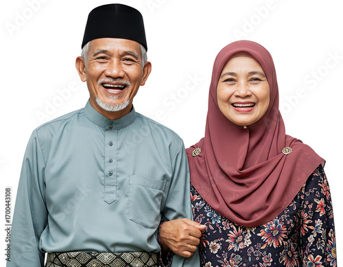 Happy elderly Asian couple standing close Smiling together. International Day of Older Persons