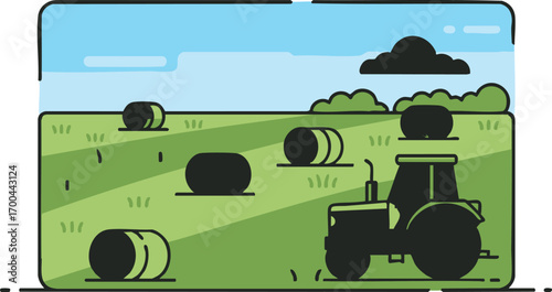 Farming Field Vector Illustration with Tractor and Hay Bales in Simple Style Blue Sky