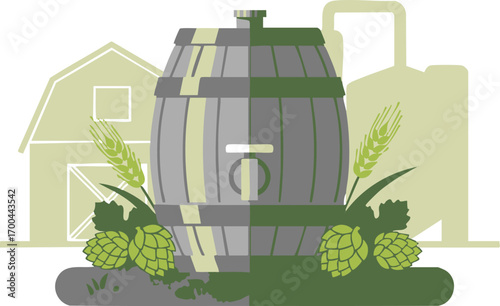 Brewery Vector Illustration with Barrel Wheat and Hops in Modern Style
