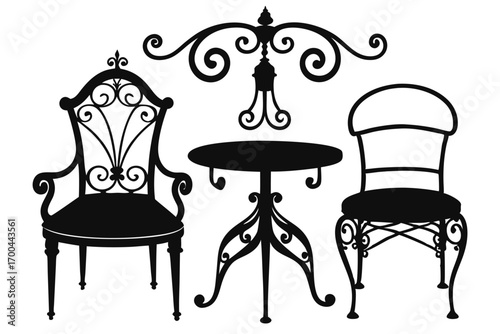 Black Silhouette of Outdoor Bistro Set Two Chairs, Round Table, and Decorative Lamp Post
