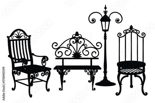 Black Silhouettes of Armchair, Bench, Dining Chair, and Vintage Street Lamp Decorative Furniture