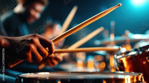 An energetic close-up of a drummer playing passionately, showcasing the rhythm and excitement of live music, with dramatic lighting adding to the dynamic mood of the moment.