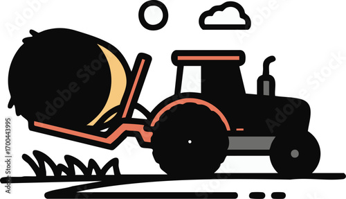 Minimalist Vector Illustration of Tractor with Hay Bale Farm Scene in Earth Tone Palette