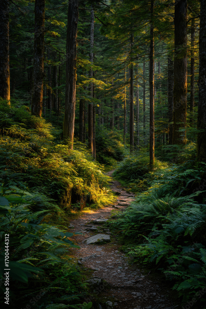Fototapeta premium experience beauty of summer landscapes across different countries featuring lush forest trails bathed in