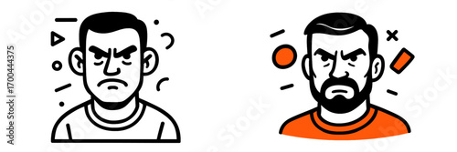 Set of angry man face icons showing negative emotions like stress and frustration with a minimalist line art style
