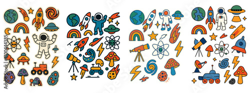 Groovy retro space sticker collection with cartoon astronaut, rocket ship, UFO, and planet icons for cosmic and sci-fi themes