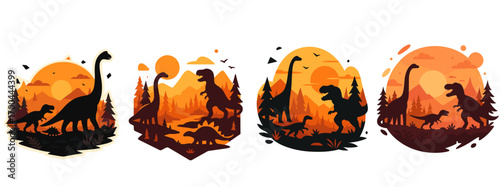Collection of four dinosaur silhouette compositions featuring T-Rex and Brachiosaurus in a prehistoric forest landscape at sunset