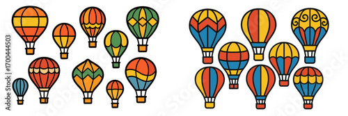 Collection of colorful hot air balloon icons with different patterns and designs isolated on a white background