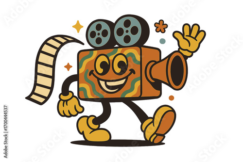 Retro groovy cartoon movie camera mascot character with a psychedelic pattern walking and waving hello