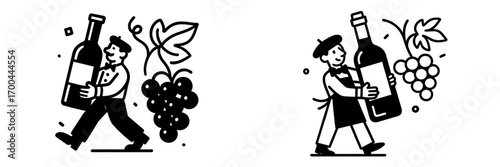 Set of two black and white cartoon characters of a waiter and sommelier carrying a large bottle of wine with grapes