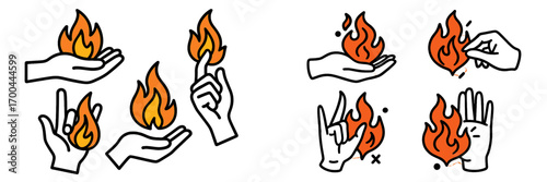 Collection of stylized hand gestures interacting with fire and flame elements in a minimalist line art style for icons and stickers