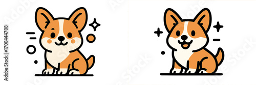 Two cute cartoon corgi dogs sitting with happy expressions, isolated on a white background in a simple graphic style