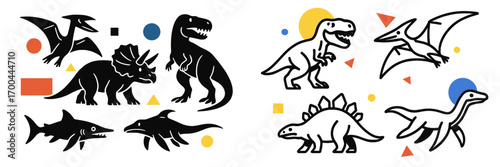 Stylized dinosaurs like T-Rex, Triceratops, and Pterodactyl shown as simple silhouettes and modern line art with abstract geometric shapes