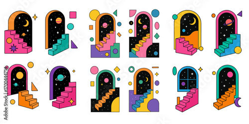 Collection of colorful abstract stickers with stairs leading to space through an arched doorway with planets and stars