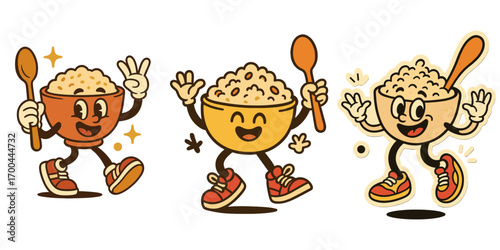 Set of retro cartoon cereal bowl characters walking and waving, happy food mascots with faces and legs in a vintage animation style, isolated on a white background