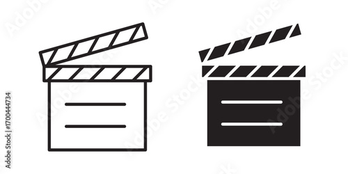Movie clapper icon. in line design. Clapperboard, film clapper, slate board, cinema clapper, movie slate, filmmaking on white background .Vector illustration with stroke and fill on a white background