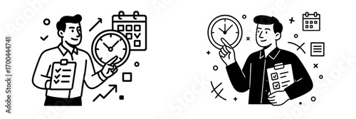 Businessman managing time with a clock and checklist for productivity and efficiency, a concept for project planning and scheduling