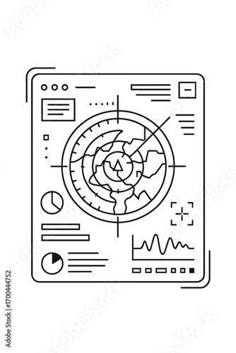 Futuristic HUD interface with radar screen, data charts, and graphs in a minimalist line art style