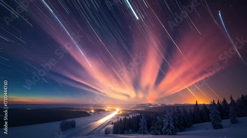 Winter Night Sky: Star Trails Over Snowy Landscape