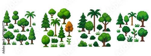 Pixel art collection of various green trees, bushes, and plants for retro 8-bit video game assets and nature scenery elements isolated on white