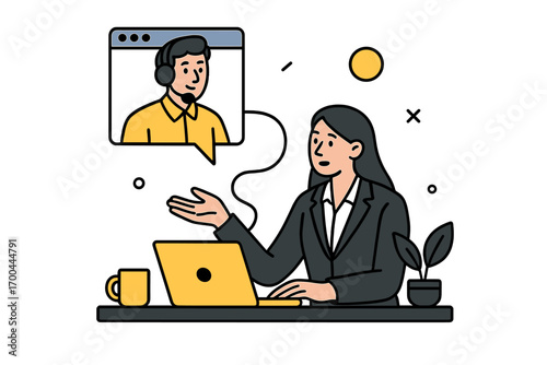 Female office worker in a virtual meeting with a call center operator providing online consultation and technical support