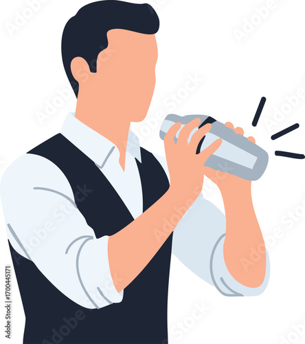 Vector Illustration of Bartender Shaking Cocktail Minimalist Style in Blue and White