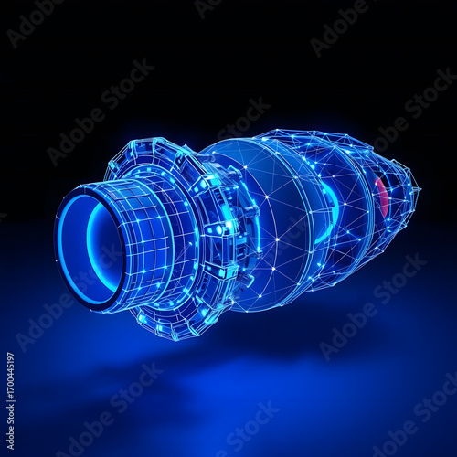 Blue tech network design with futuristic water bottle illustration and abstract bubbles