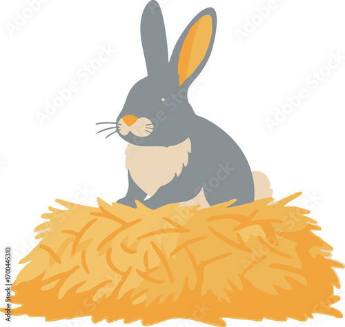 Cute Rabbit Vector Illustration with Yellow Hay Modern Minimalist Style
