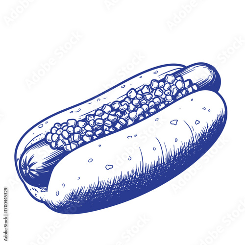 Hand drawn illustration of a classic hot dog with chopped relish on white background