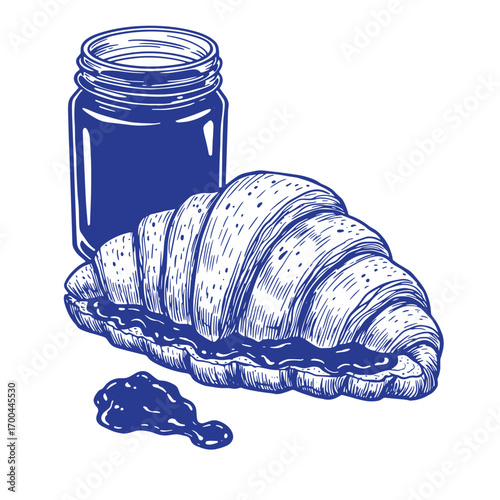Hand drawn illustration of a croissant with jam and a jar of preserves breakfast food
