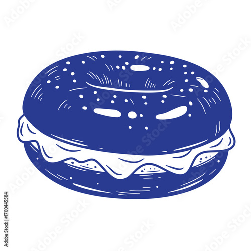 Hand drawn illustration of a delicious bagel with cream cheese in a simplistic blue design