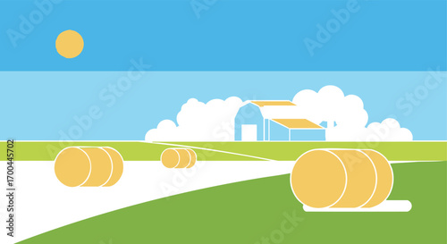 Minimalist Vector Illustration with Hay Bales Farm Barn and Sky in Flat Design Style