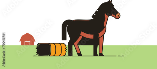 Farm Scene Vector Illustration with Horse Barn Hay Minimalist Style