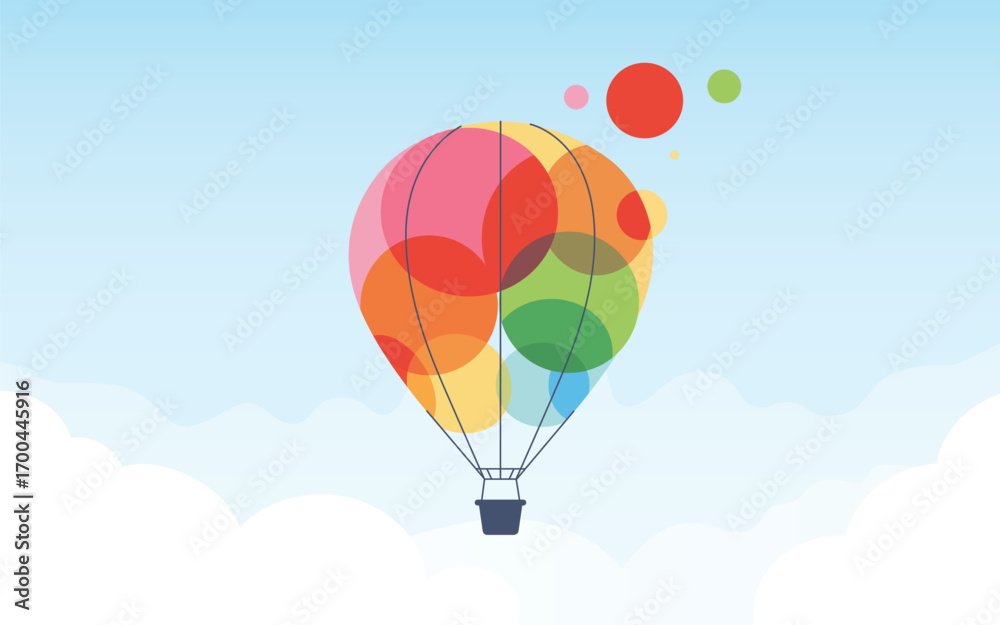 Naklejka premium Colourful Hot Air Balloon floating above clouds