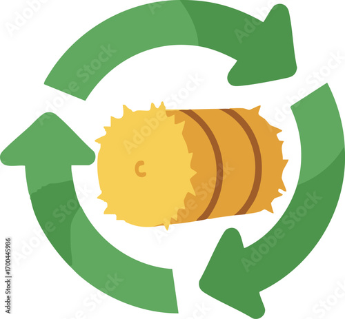 Vector Illustration of Green Arrows Circular Recycle Symbol with Hay Bale in the Center Farm Concept