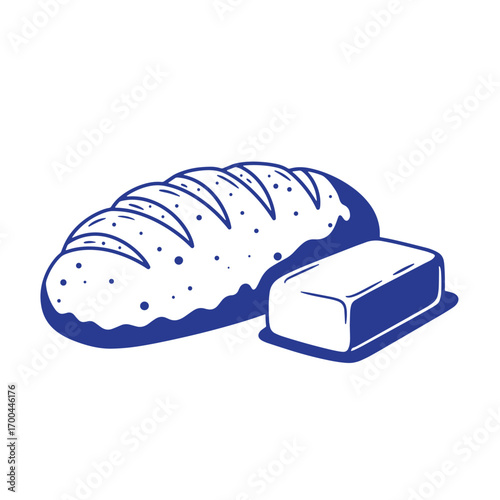 Hand drawn illustration of a loaf of bread alongside a delicious slab of butter