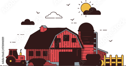 Vector Illustration of Farm Landscape with Red Barn Tractor and Sun in Minimalist Style