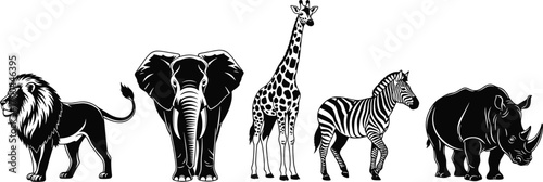 Flat vector illustration of African wild animals including lion, elephant, giraffe, zebra, and rhino for safari, wildlife, and nature design
