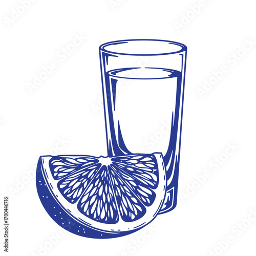 Hand drawn illustration of a shot glass with tequila and a refreshing lime slice for cocktails
