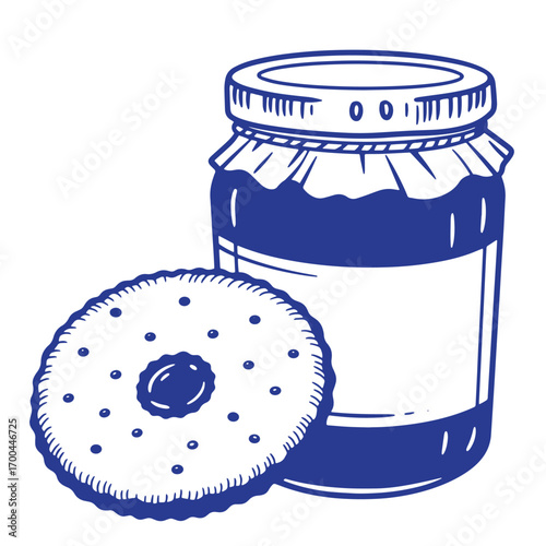Hand drawn illustration of a jar of jam next to a biscuit on a white background