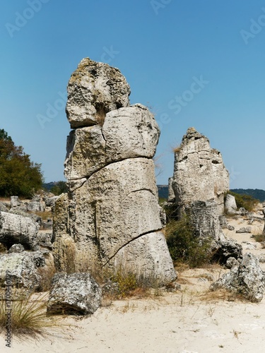 Standing Stone Formations in Sunny Desert Landscape Under Blue Sky