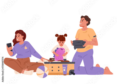 Happy family with little daughter packing a suitcase going on vacation flat vector illustration isolated on white. Woman checking list on the phone, girl putting toy into suitcase