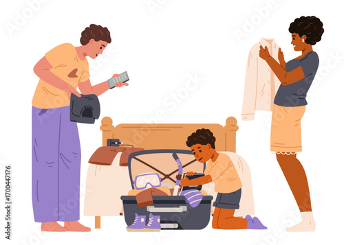 Happy multiracial family packing a suitcase going on vacation flat vector illustration isolated on white. Woman folding shirt, man checking list on the phone, boy putting a book into suitcase.