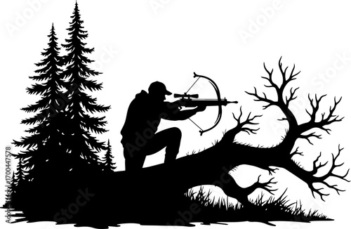 "Silhouette of Crossbow Hunter in the Forest"