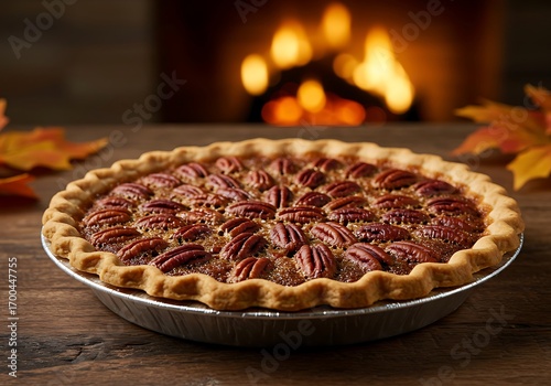 Delicious Pecan Pie with Golden Crust on Wooden Table by Fireplace, Fall Autumn Season