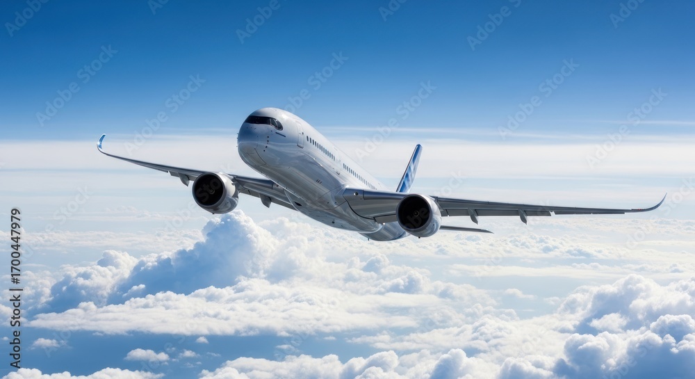Fototapeta premium A white airplane flying through a cloudy sky.