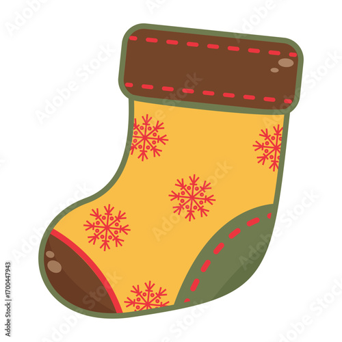 Yellow holiday stocking with red snowflake patterns and green trim, ideal for festive decorations and Christmas designs. Vector art