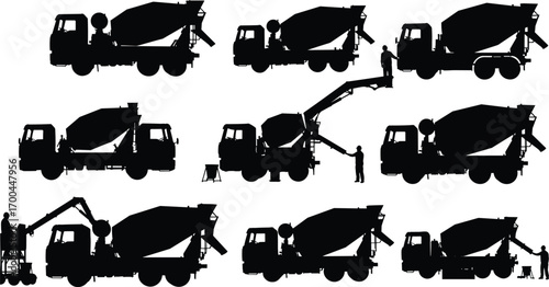 Concrete mixer truck and worker silhouettes, construction vehicle operation, cement pouring process, building site equipment, vector illustration for industrial concept