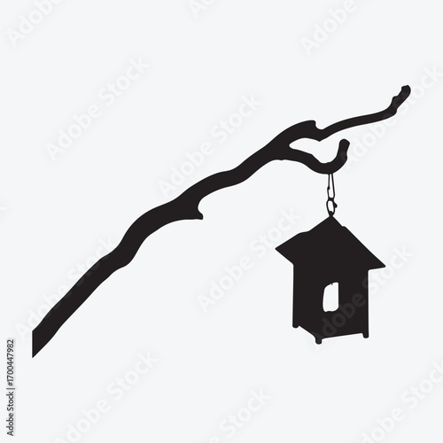Black silhouette of a birdhouse hanging from a tree branch against a white background vector